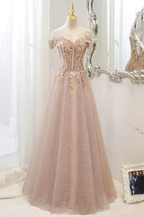 Pink Tulle Sequins Long Prom Dresses, A-Line Off the Shoulder Evening Dresses