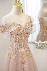 Pink Tulle Sequins Long Prom Dresses, A-Line Off the Shoulder Evening Dresses