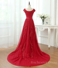 Burgundy tulle lace applique long prom dress, burgundy evening dress
