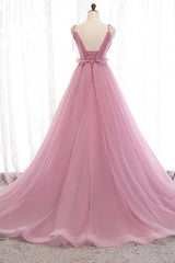 Pink V-Neck Tulle Long Prom Dress, A-Line Formal Evening Dress