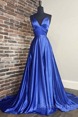 Simple blue v neck satin long prom dress blue evening dress